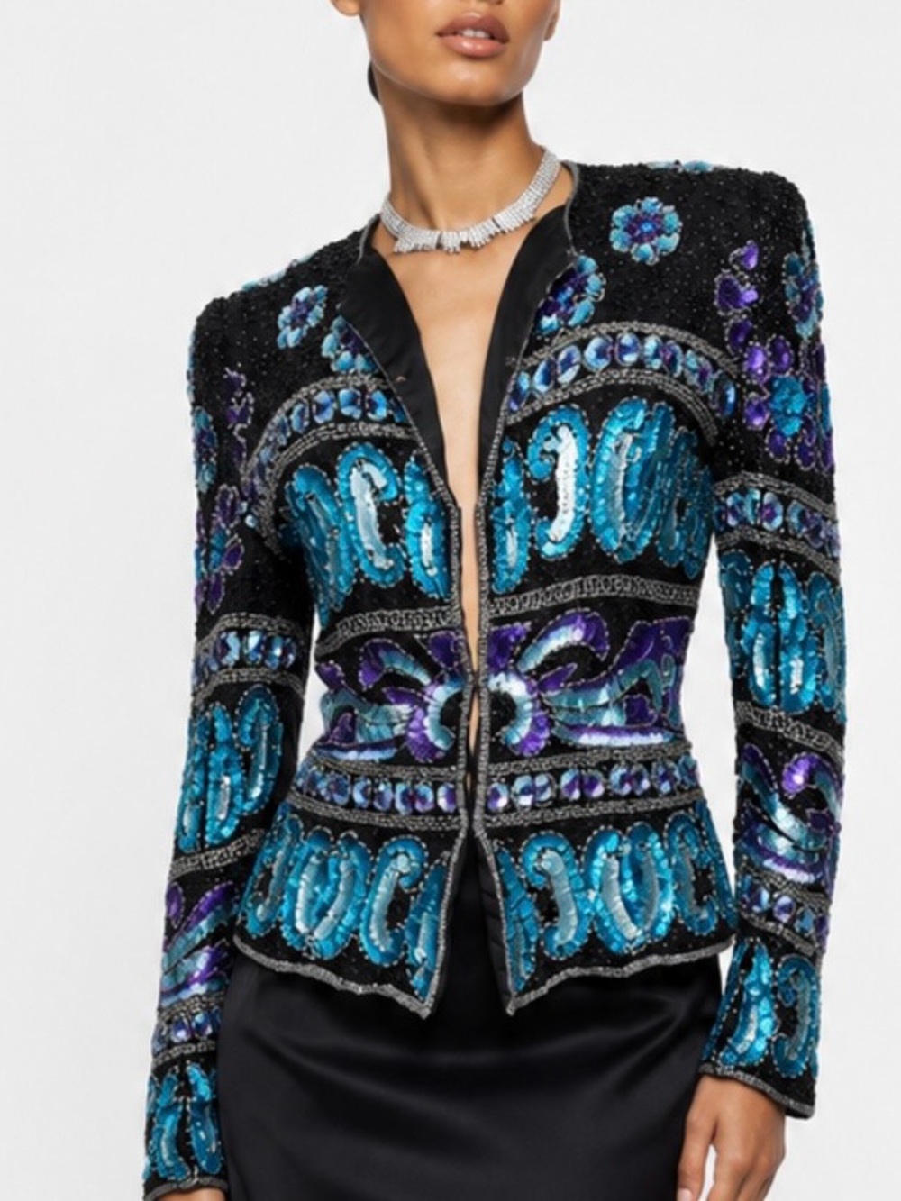 Vintage LAURENCE KAZAR Multicolor Crystal Sequin Silk Floral Print Jacke…